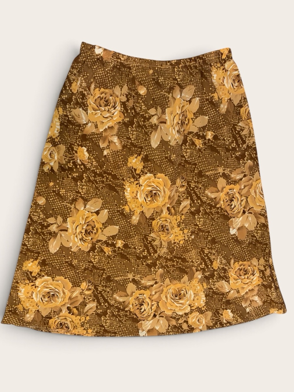 VINTAGE 90s Leslie Fay Floral Midi Skirt Size 16 Brown Mustard Rose USA